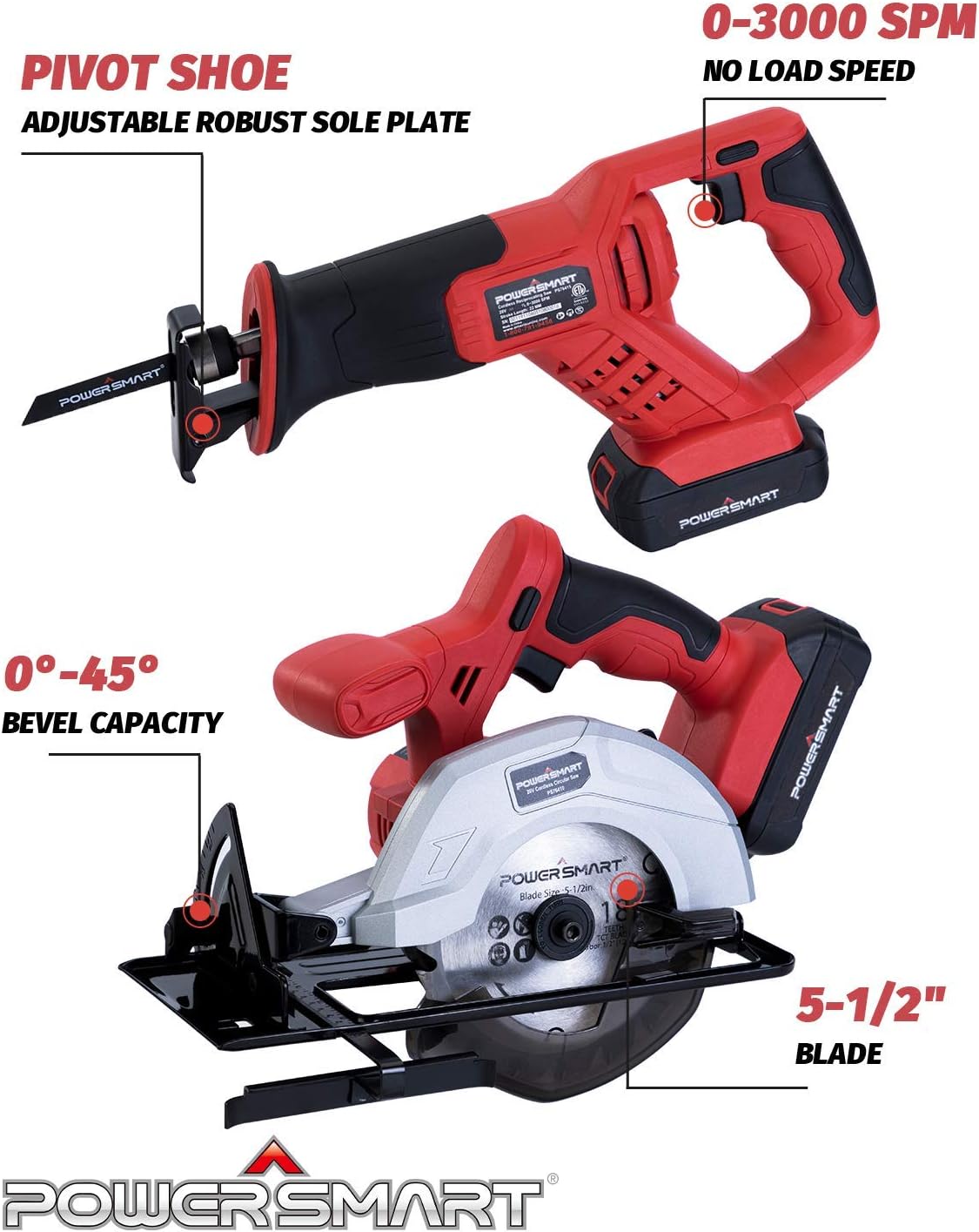 20V Max Cordless Drill Set Compact Driver Circular Saw Reciprocating Saw LED Flashlight 4-Tool Combo Kits with 2 Lithium-Ion Batteries T53977