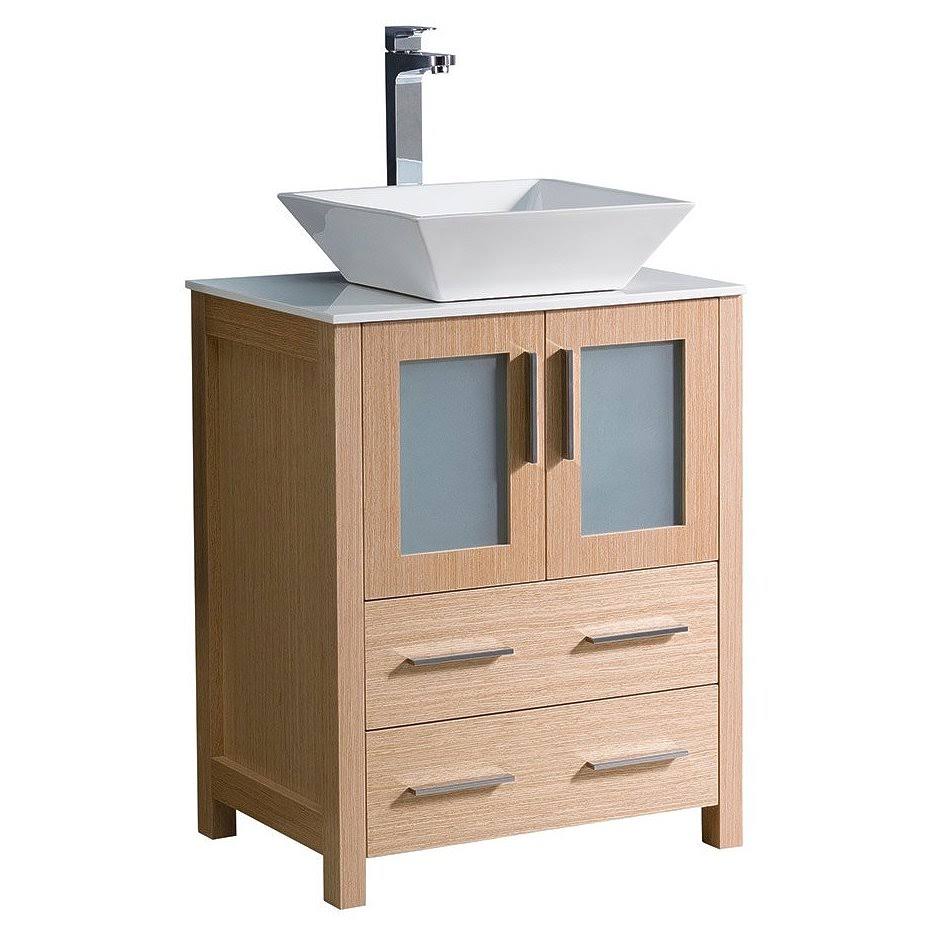 Light Oak Bathroom Cabinet with Top and Vessel Sink D502