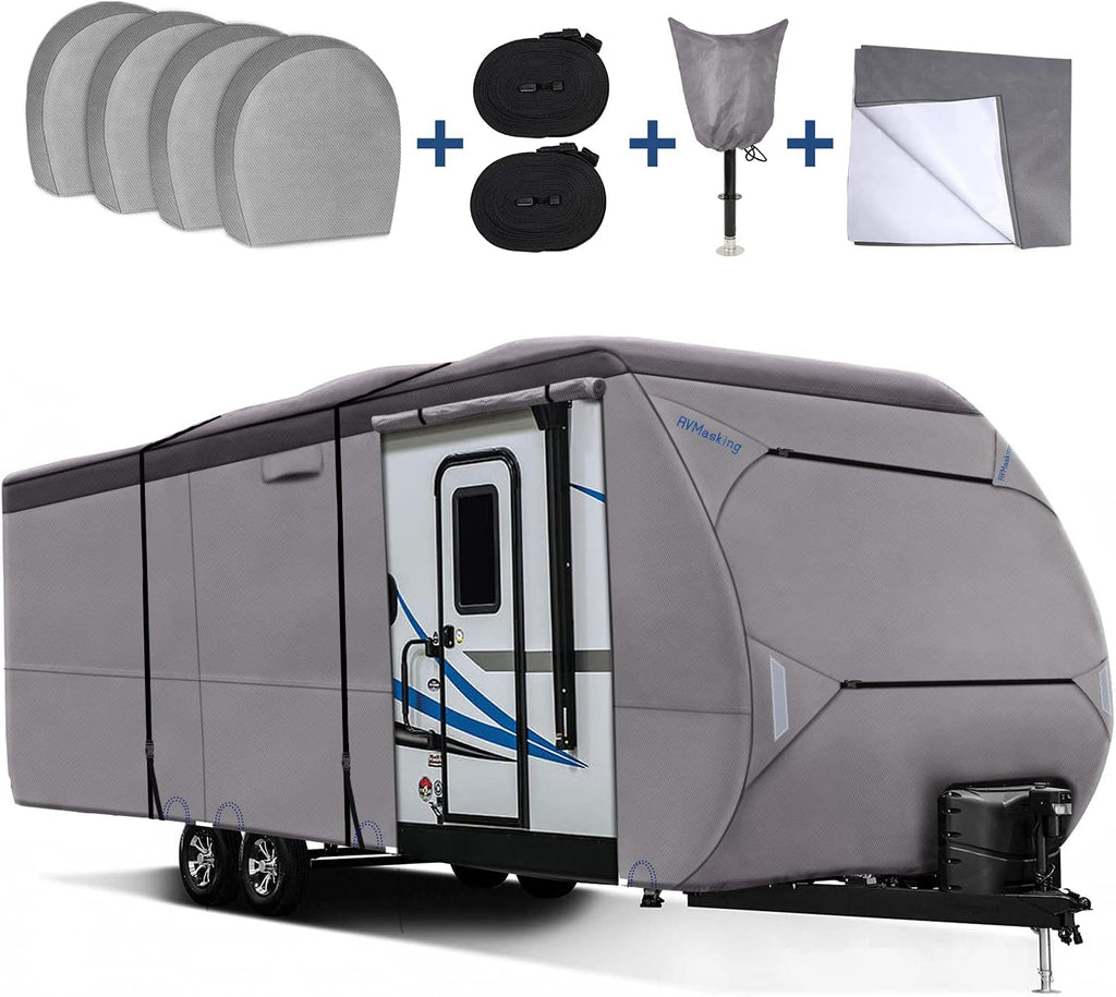 Waterproof 500D Travel Trailer Cover with 4 Tire Covers, Tongue Jack Cover M647