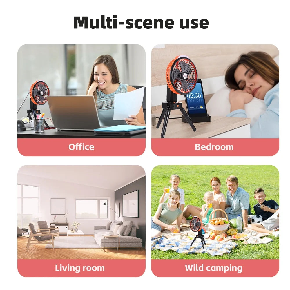 Camping Fan with LED Lantern, 270° Portable Rechargeable 8-Inch Desk Fan F9190