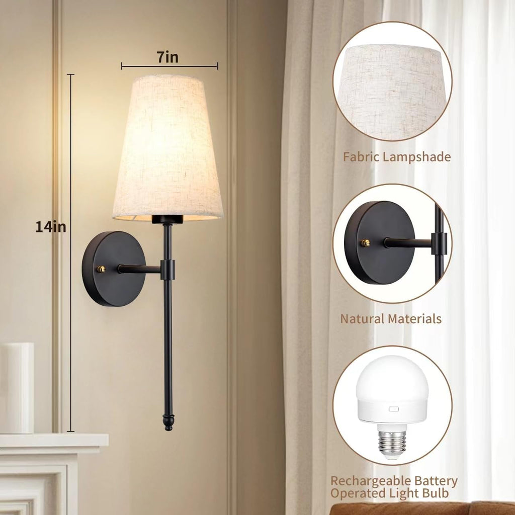 Set Of Two 2 Battery Operated Wireless Black Dimmable Wall Sconce F97799