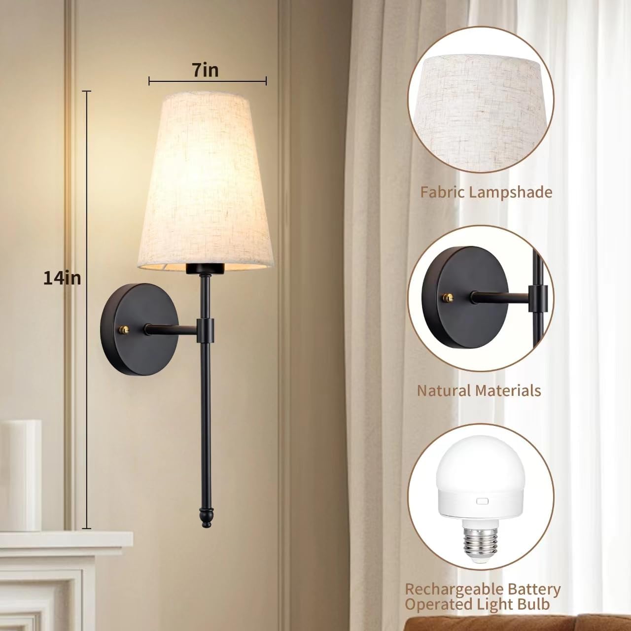 Set Of Two 2 Battery Operated Wireless Black Dimmable Wall Sconce F97799