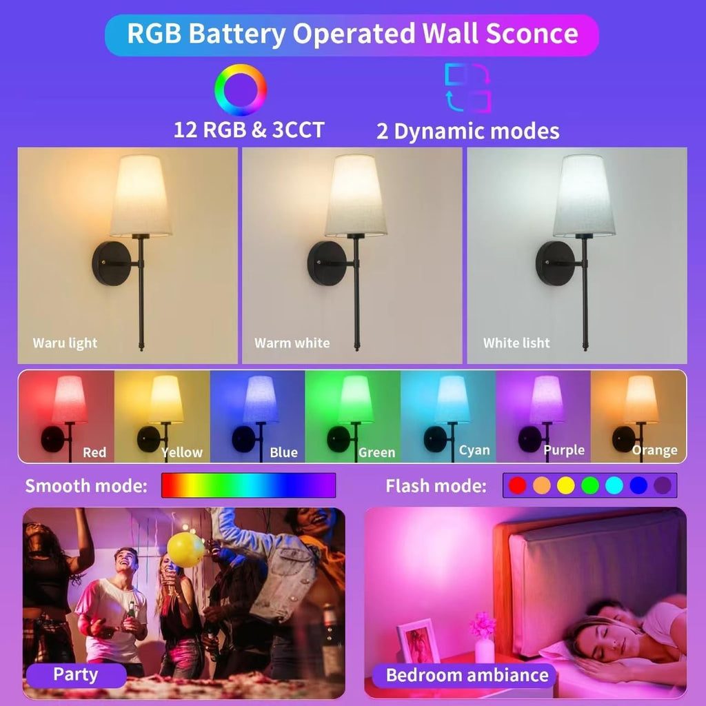 Set Of Two 2 Battery Operated Wireless Black Dimmable Wall Sconce F97799