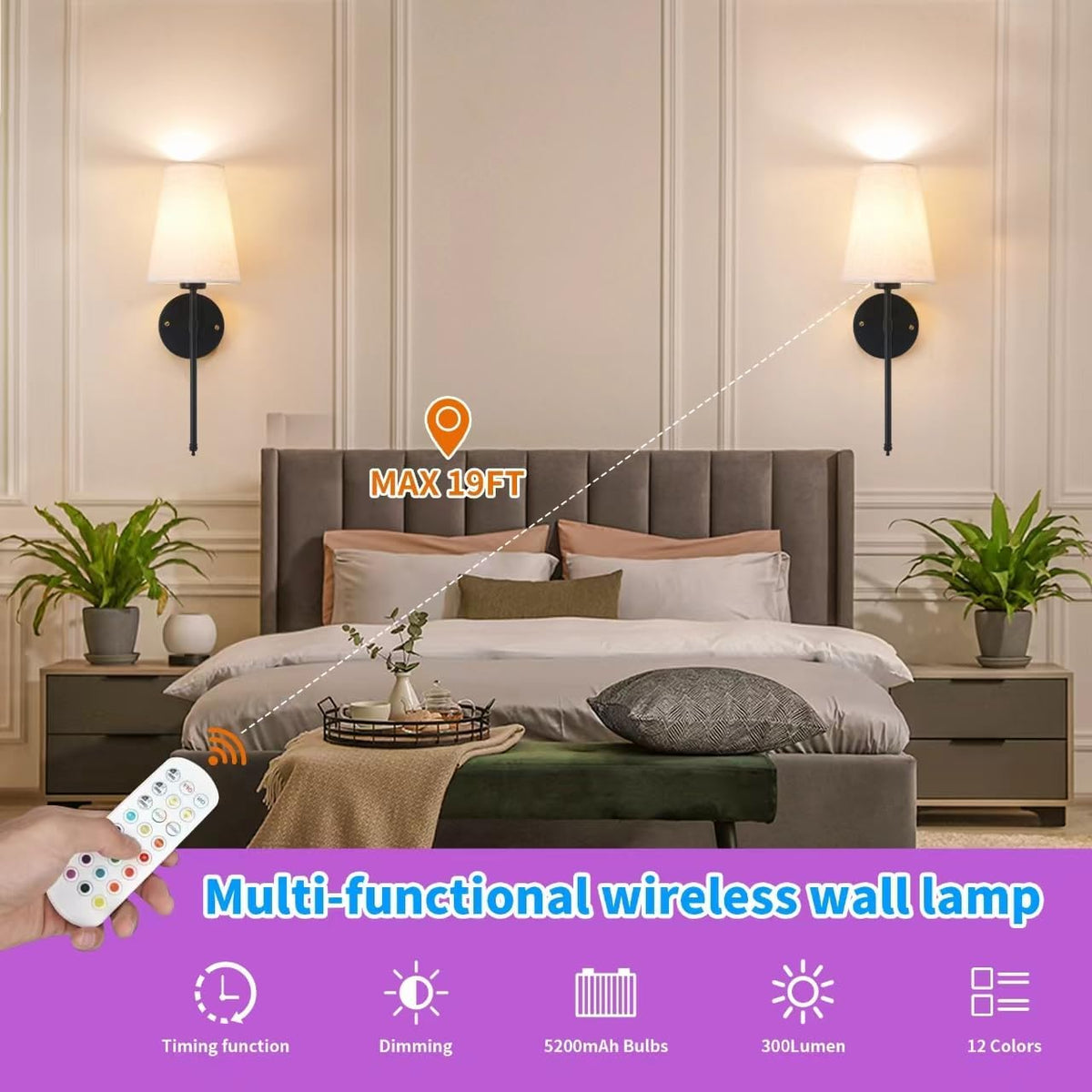 Set Of Two 2 Battery Operated Wireless Black Dimmable Wall Sconce F97799