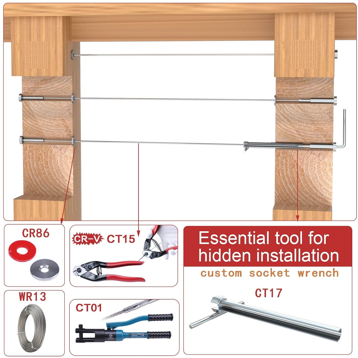24Set Cable Railing Kit Invisible 3/16 T316 Stainless Steel Q30633
