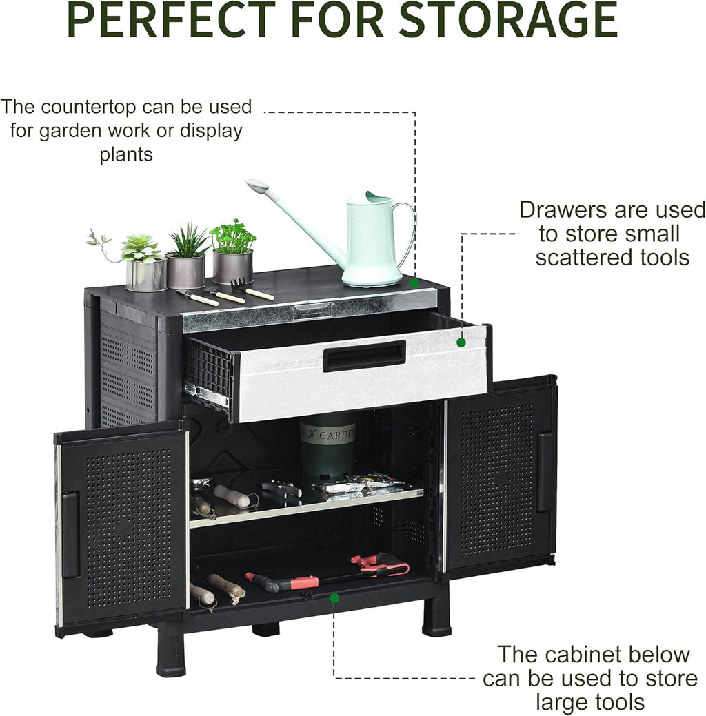 Outdoor Storage Sheds Cabinet with Adjustable Shelves, Waterproof PP & Galvanized Steel G26178