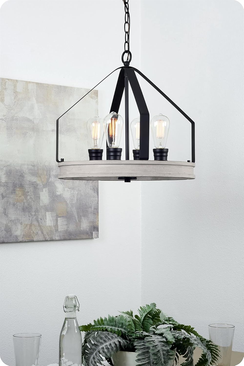 White Birch Wood Style Black Finish 4-Light Farmhouse Pendant Light T8478