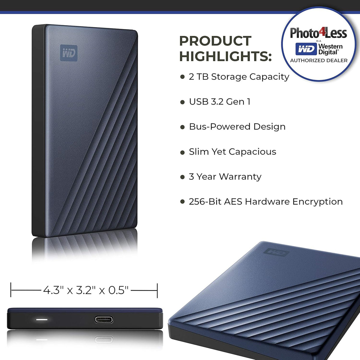 2TB My Passport Ultra USB 3.0 Type-C Slim Portable External Hard Drive L60226