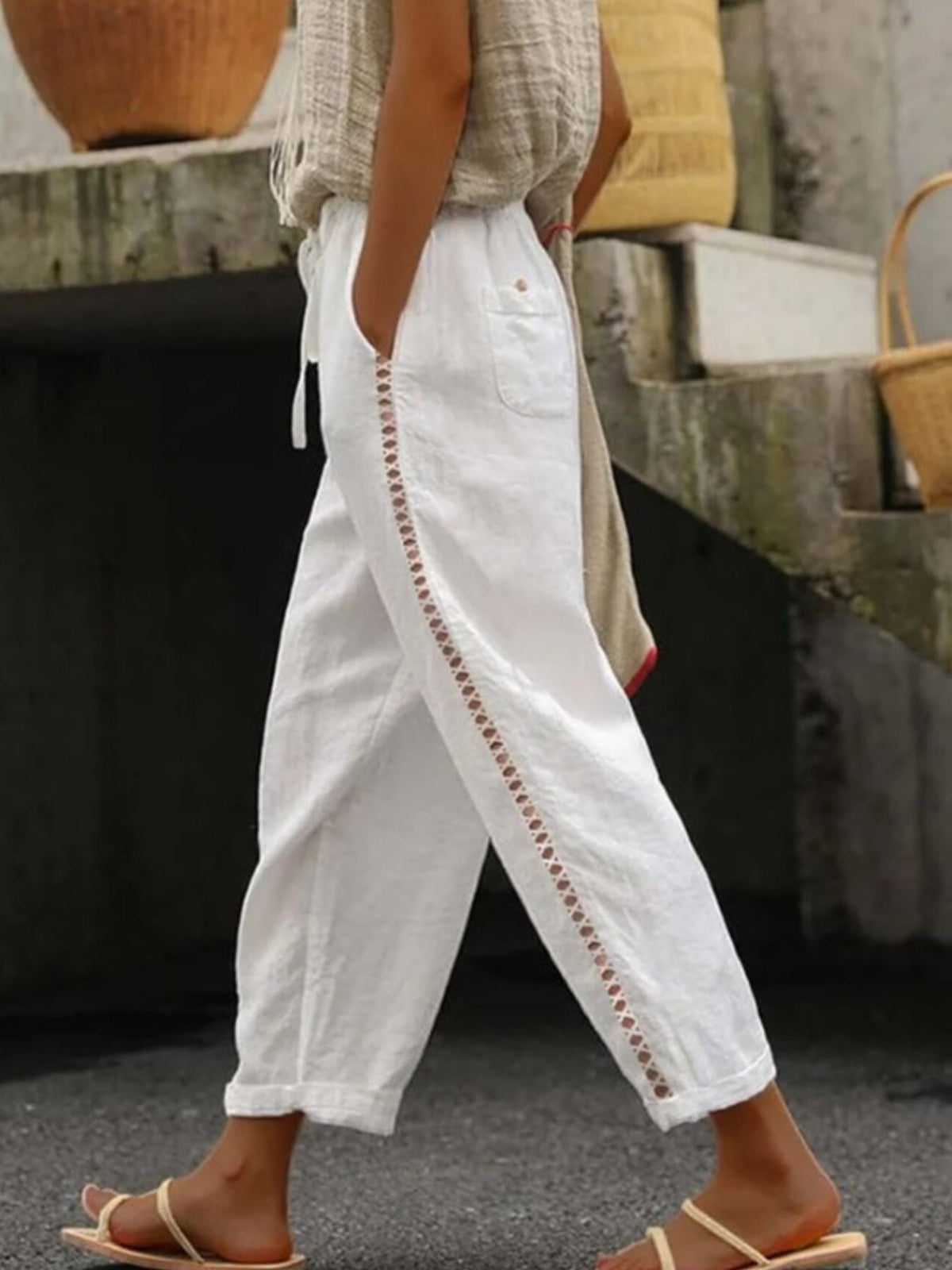 Hollow Out Trim Cropped Pants
