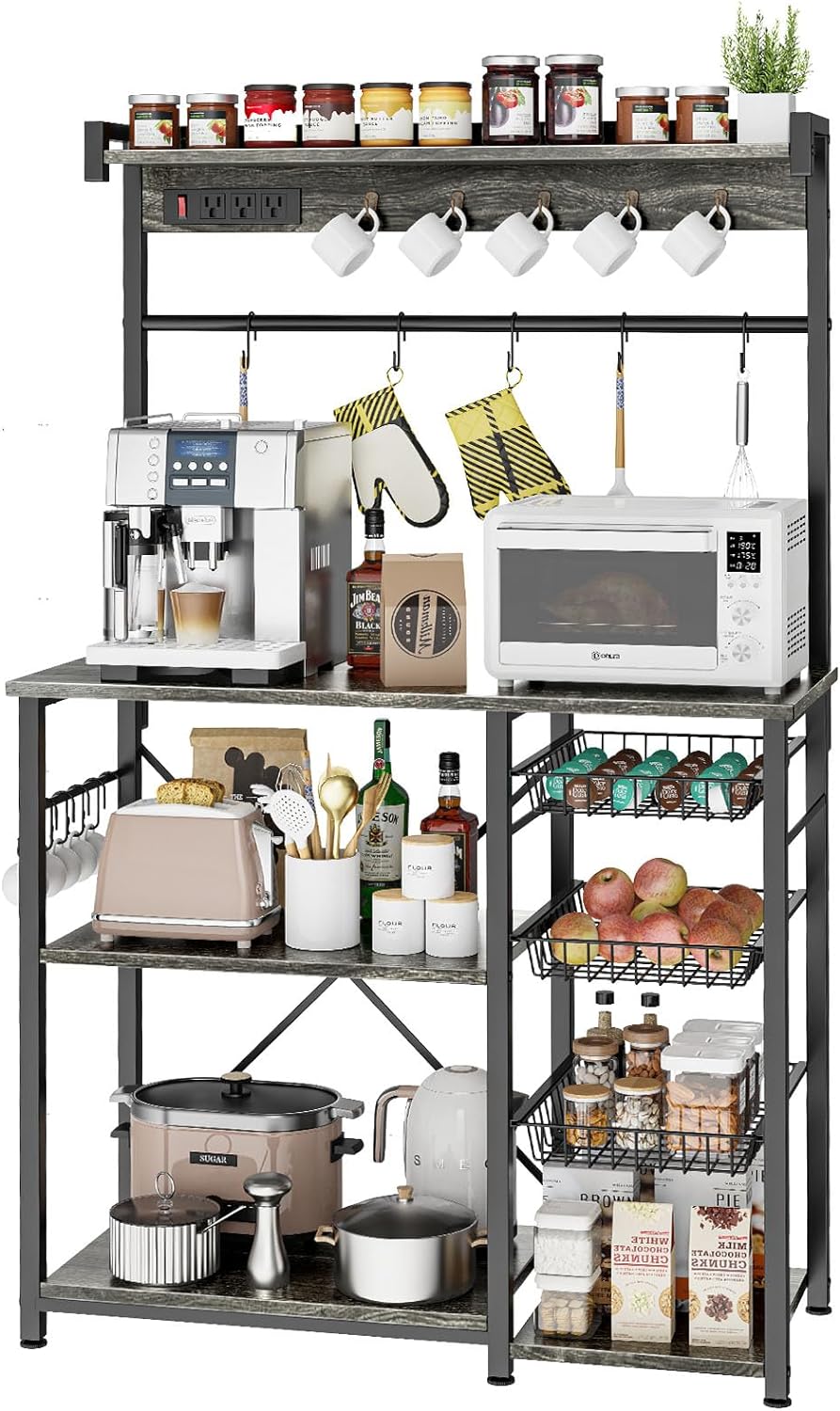 Large Bakers Rack with Power Outlets, 15 Hooks, 3 Wire Basket, Microwave Stand Kitchen Storage Shelf, 38.8 x 16.3 x 62.2 Inches, Rustic Brown F5378