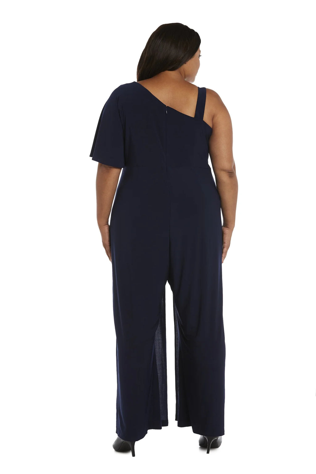 One-Shoulder Flare Jumpsuit with Overlay and Draped Sleeves W314