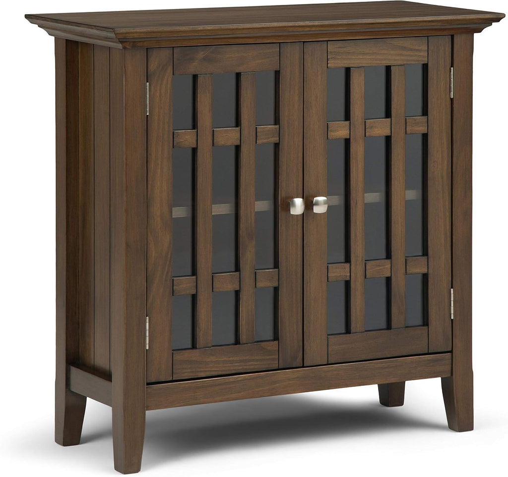 Solid Wood 32 inch Wide Low Storage Media Cabinet in Natural Aged Brown with 2 Tempered Glass Doors and 2 Adjustable Shelves F502675