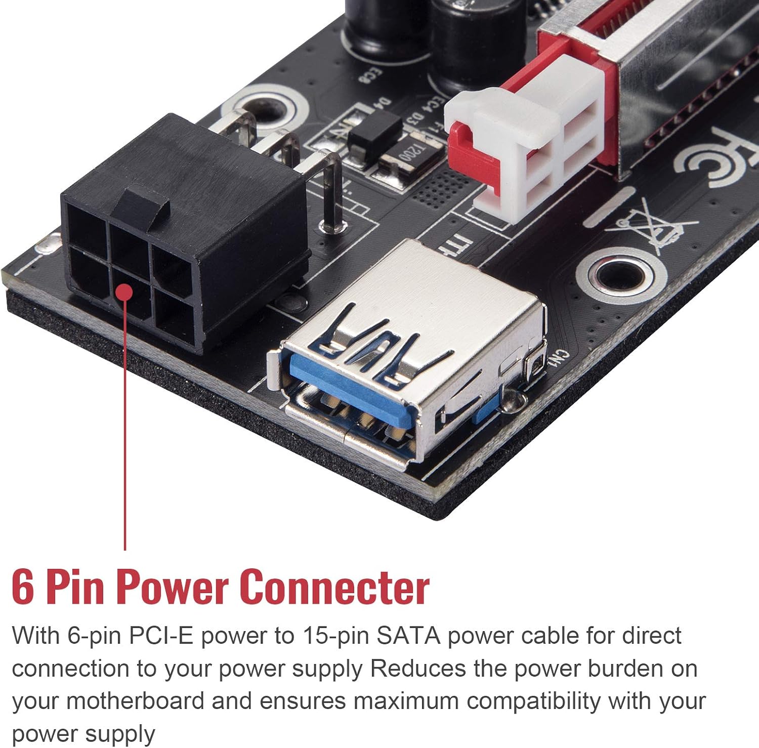 PCI-E 1X to 16X Riser Card with 24in USB 3.0 Extension Cable & 6PIN SATA Power Cable (Black-6 Pieces) F15983
