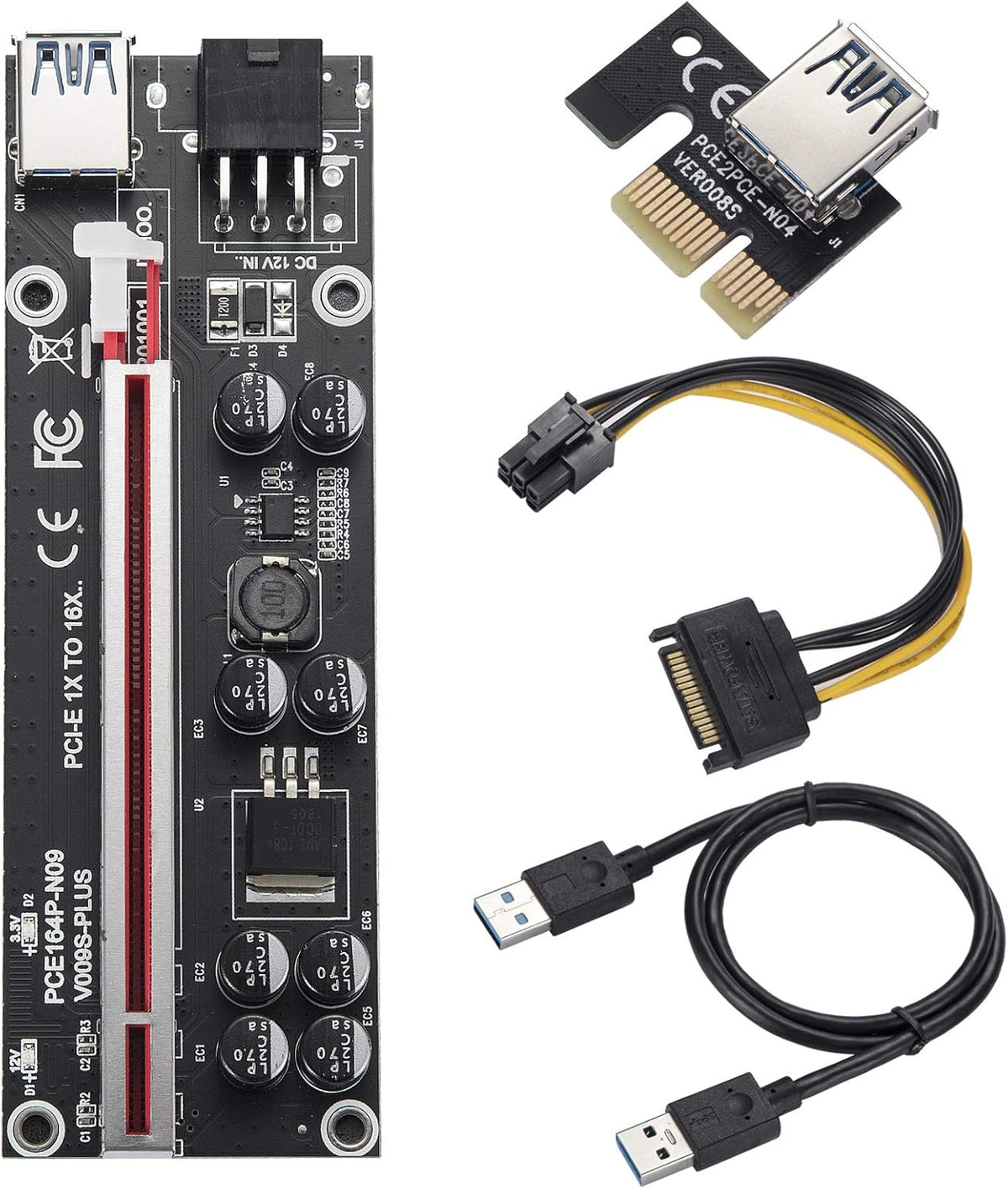 PCI-E 1X to 16X Riser Card with 24in USB 3.0 Extension Cable & 6PIN SATA Power Cable (Black-6 Pieces) F15983