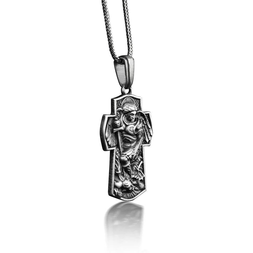 Silver Archangel Michael Cross Pendant Necklace Y17703