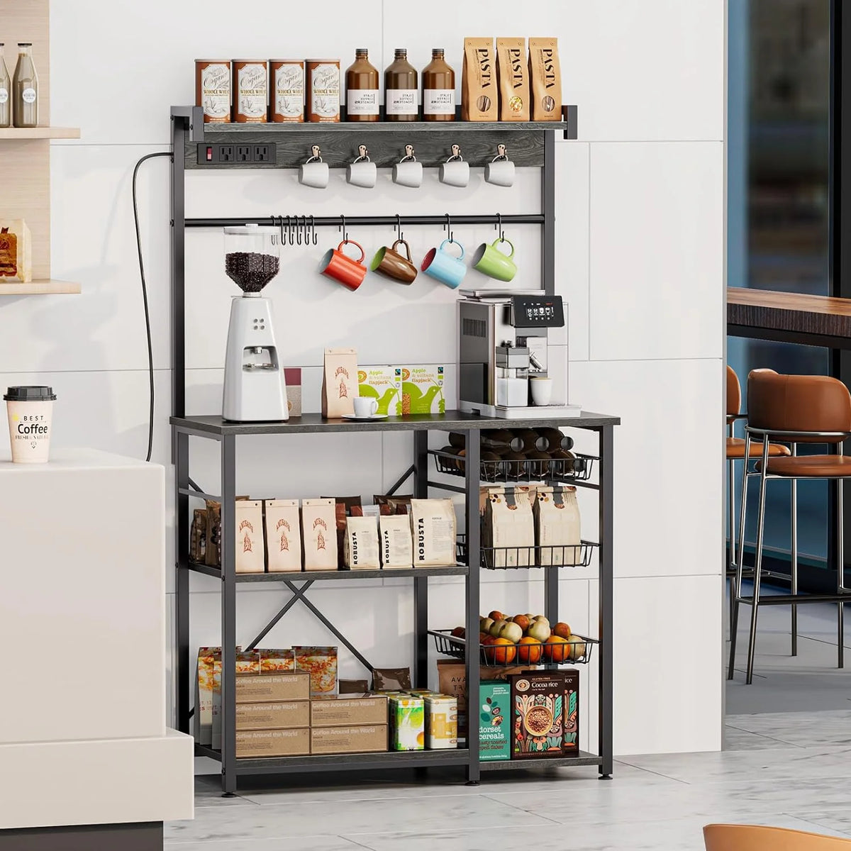 Large Bakers Rack with Power Outlets, 15 Hooks, 3 Wire Basket, Microwave Stand Kitchen Storage Shelf, 38.8 x 16.3 x 62.2 Inches, Rustic Brown F5378
