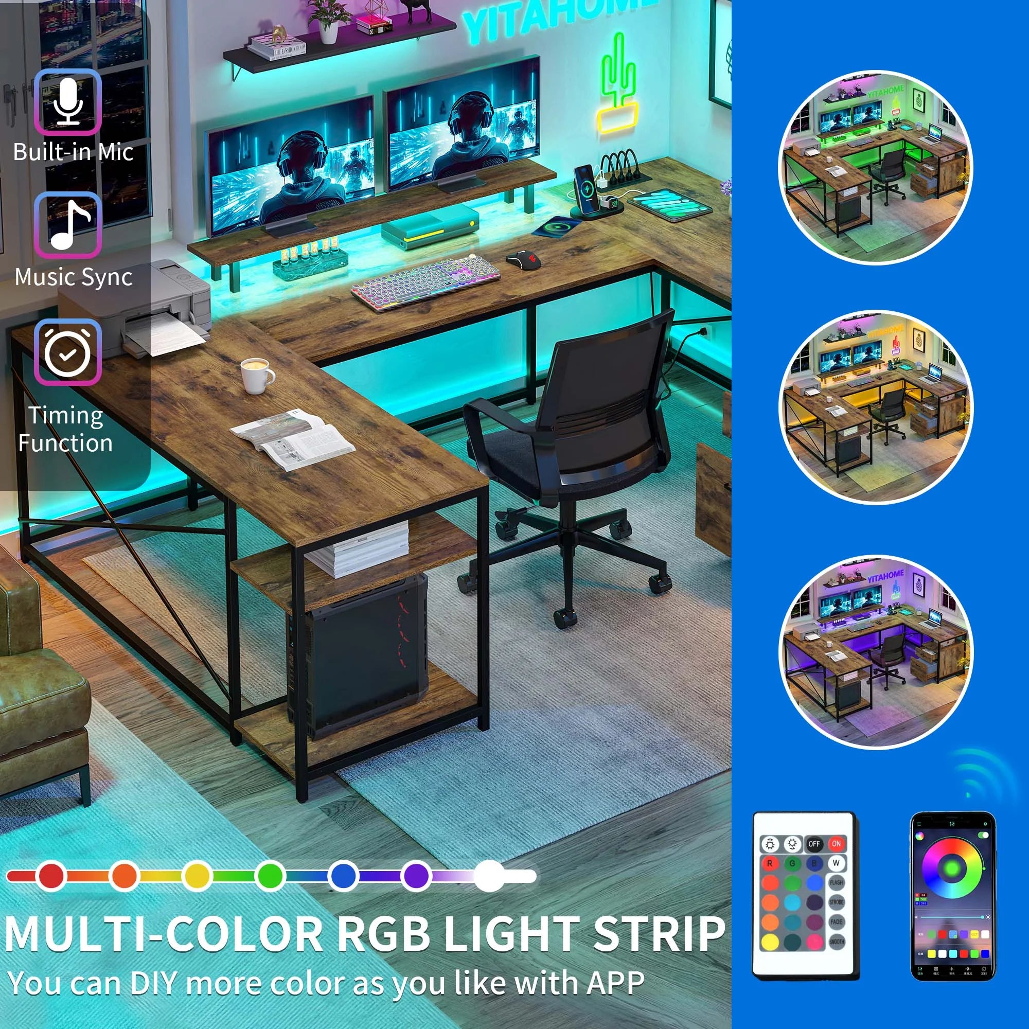 L Shaped Desk with Power Outlets and LED Lights G42064