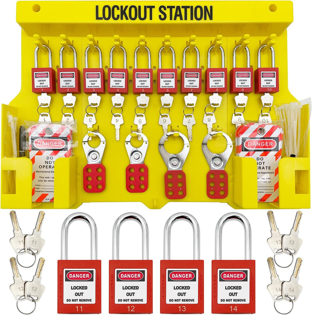 14 Key Padlocks with Numbers, 4 Lockout Hasps, 40 Lockout Tags, 20 Nylon Cable Lockout Tagout Station T32773