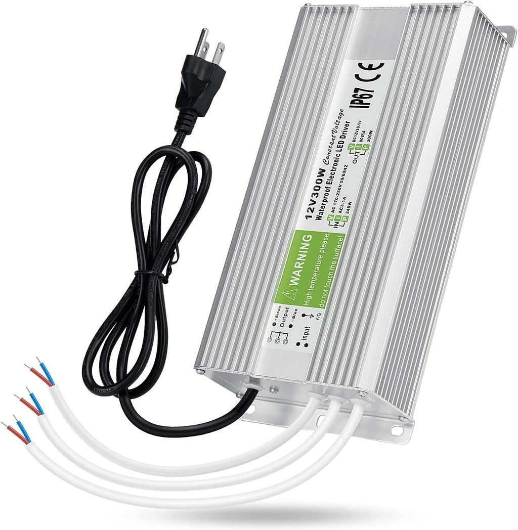 5 Pack Waterproof IP67 LED Power Supply Driver Transformer 300W 110V AC to 12V DC Low Voltage Output with 3-Prong Plug 3.3 Feet Cable Y147922