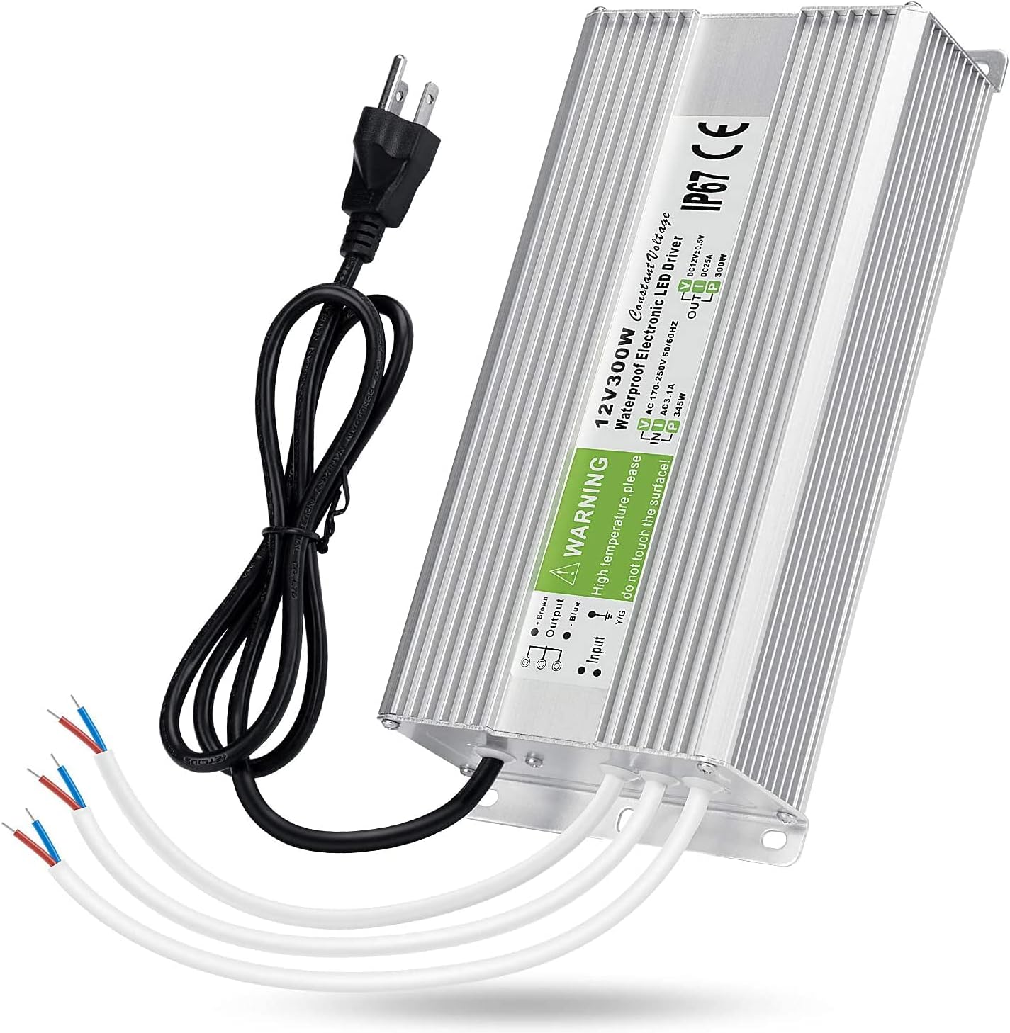 5 Pack Waterproof IP67 LED Power Supply Driver Transformer 300W 110V AC to 12V DC Low Voltage Output with 3-Prong Plug 3.3 Feet Cable Y147922