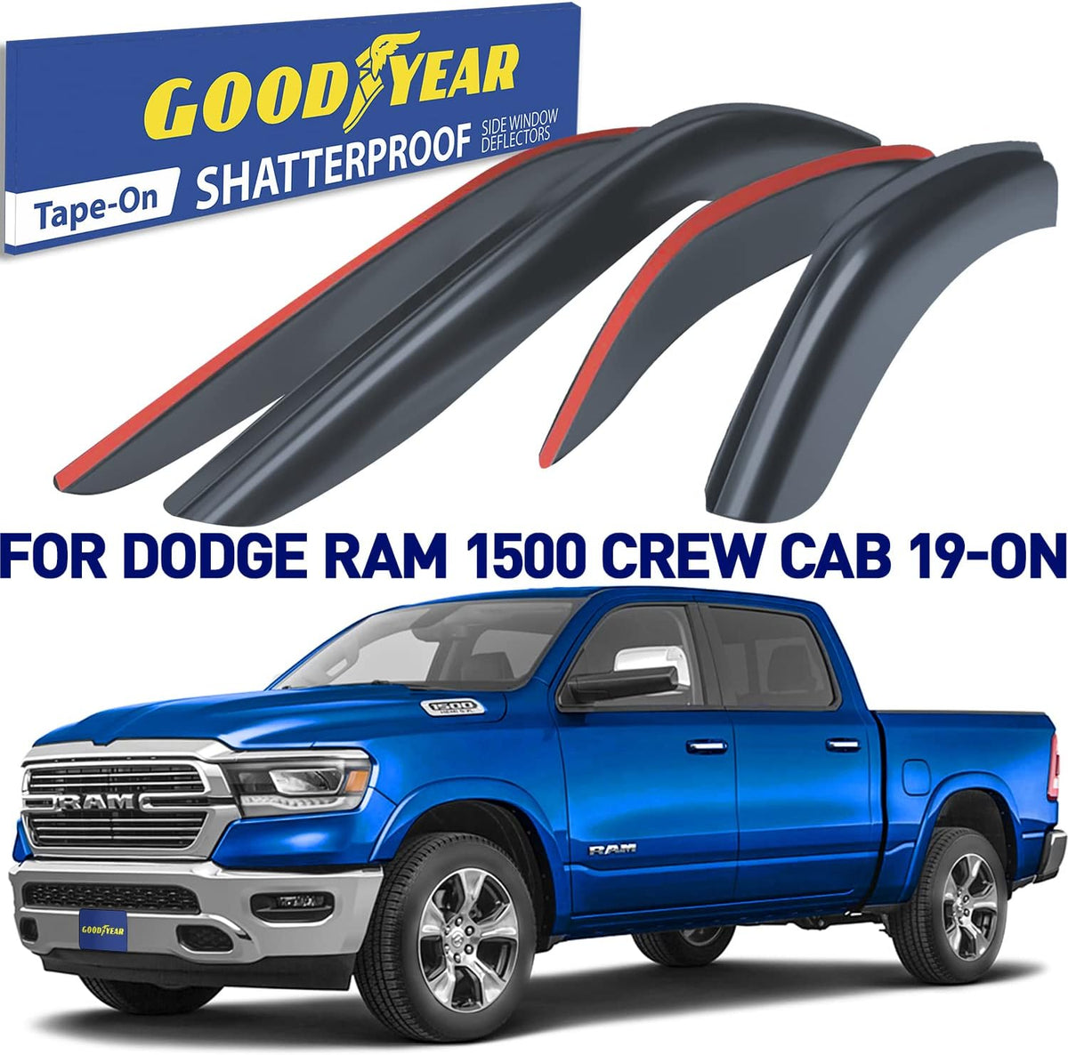 Shatterproof Side Window Deflectors for Trucks Dodge RAM 1500 2019-2022 Crew Cab, Tape-on Rain Guards, 4pcs T184