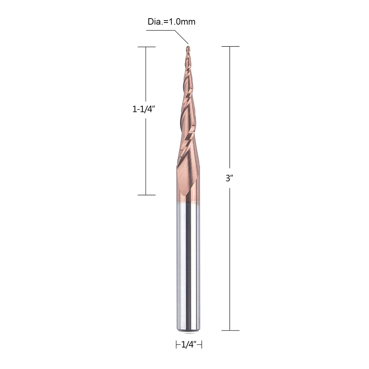 4Pcs Tapered Ball Nose End Mill 1/4 Shank 1.0mm Dia. 4.82 Deg CNC Router Carving Bits Pack of 2 I384929
