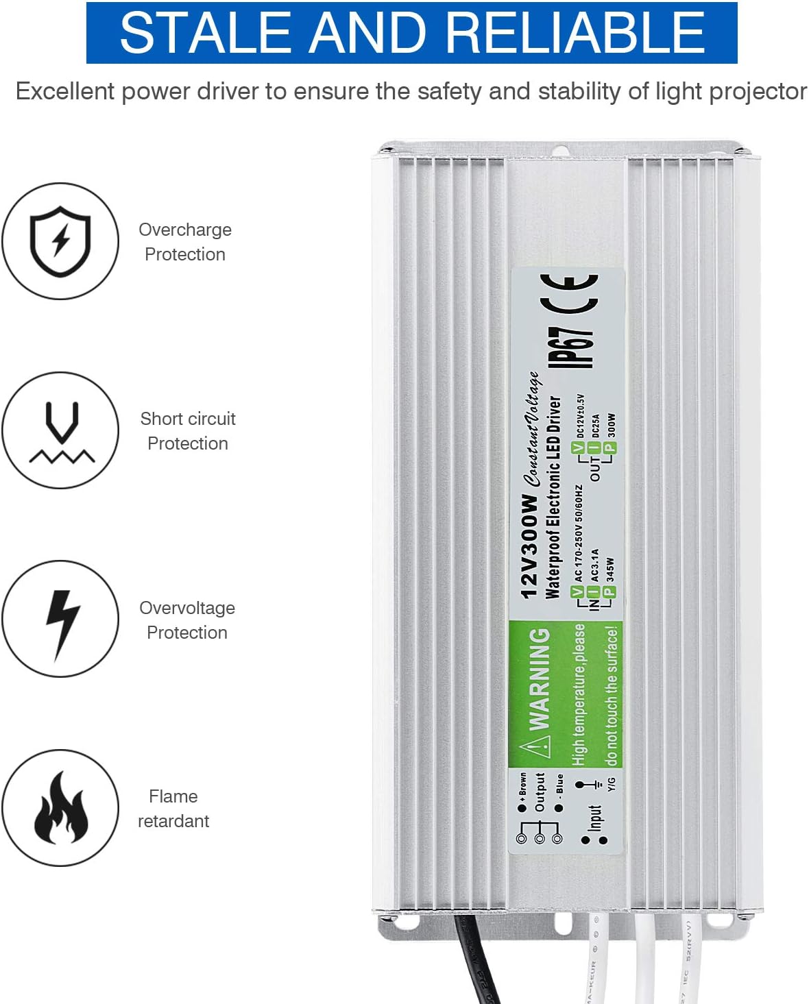 5 Pack Waterproof IP67 LED Power Supply Driver Transformer 300W 110V AC to 12V DC Low Voltage Output with 3-Prong Plug 3.3 Feet Cable Y147922