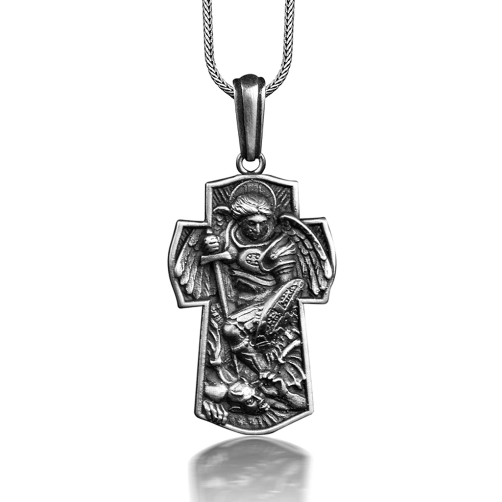 Silver Archangel Michael Cross Pendant Necklace Y17703