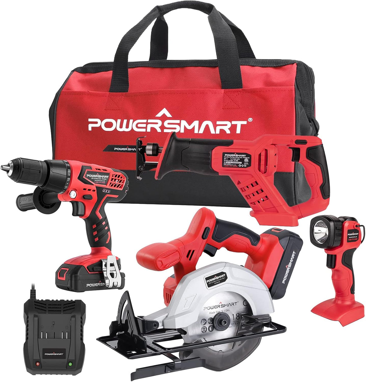 20V Max Cordless Drill Set Compact Driver Circular Saw Reciprocating Saw LED Flashlight 4-Tool Combo Kits with 2 Lithium-Ion Batteries T53977