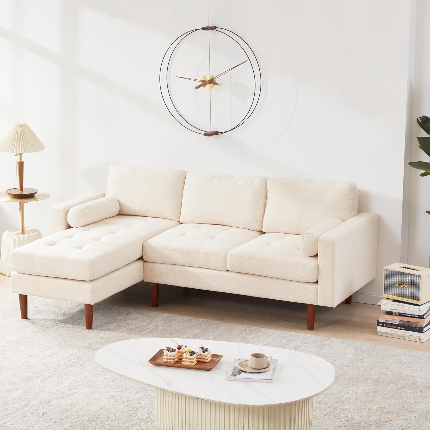 Beige Linen L Shaped Sectional Sofa with Reversible Chaise Y438
