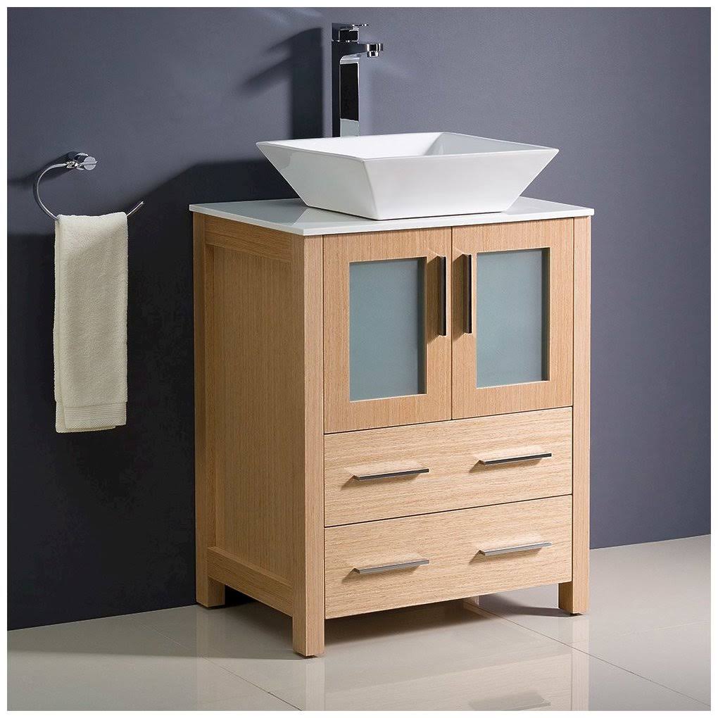 Light Oak Bathroom Cabinet with Top and Vessel Sink D502