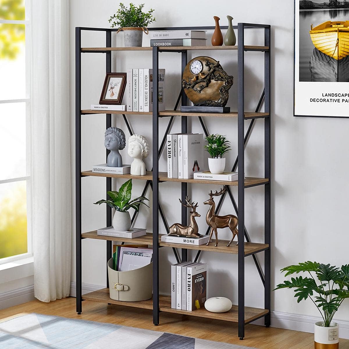 Industrial 5 Tier Bookshelf, Rustic Wood and Metal Shelving Unit O25017