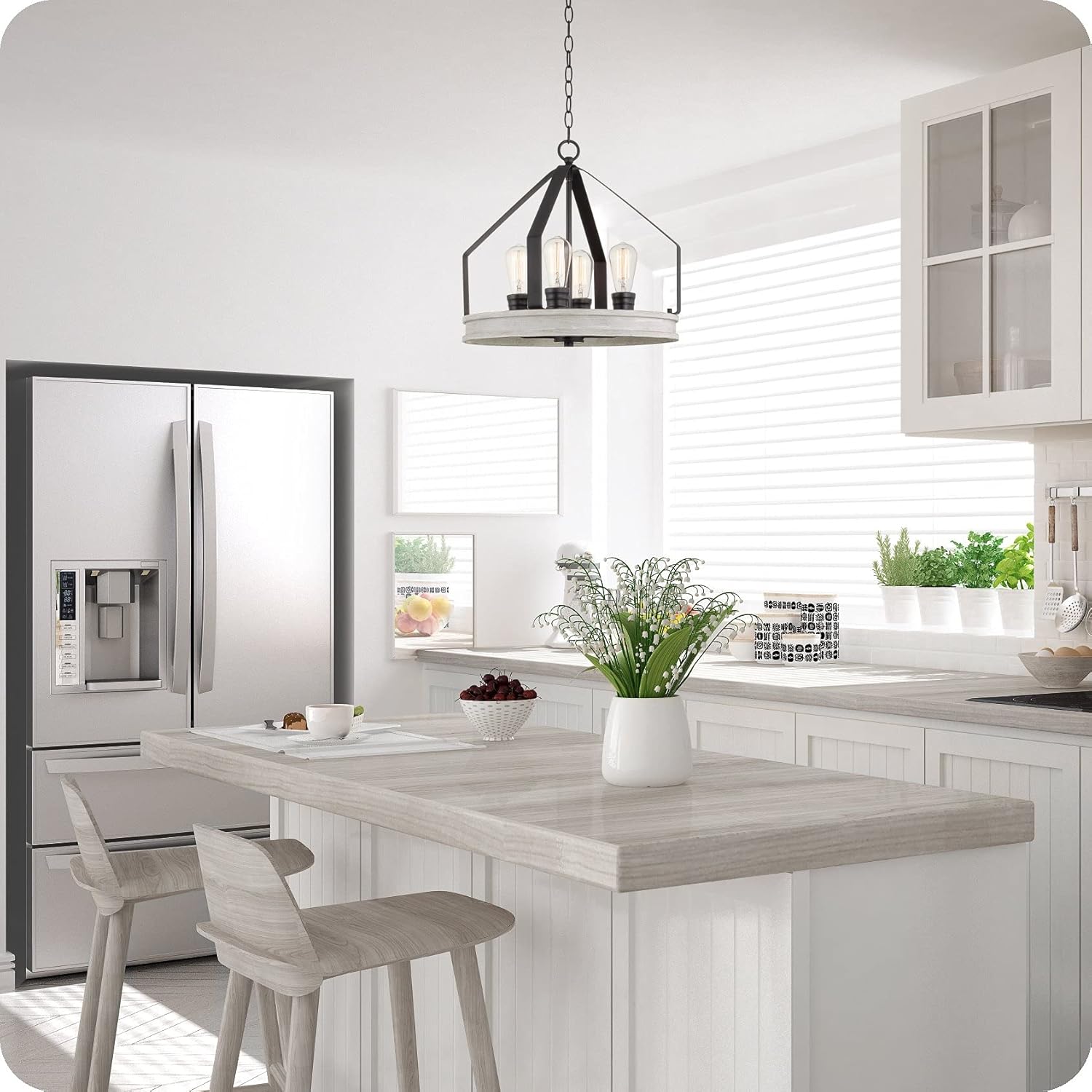 White Birch Wood Style Black Finish 4-Light Farmhouse Pendant Light T8478