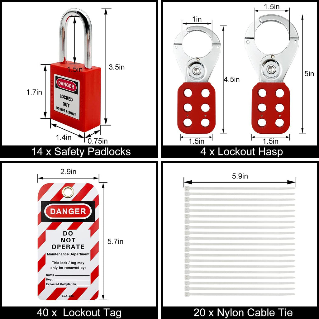 14 Key Padlocks with Numbers, 4 Lockout Hasps, 40 Lockout Tags, 20 Nylon Cable Lockout Tagout Station T32773