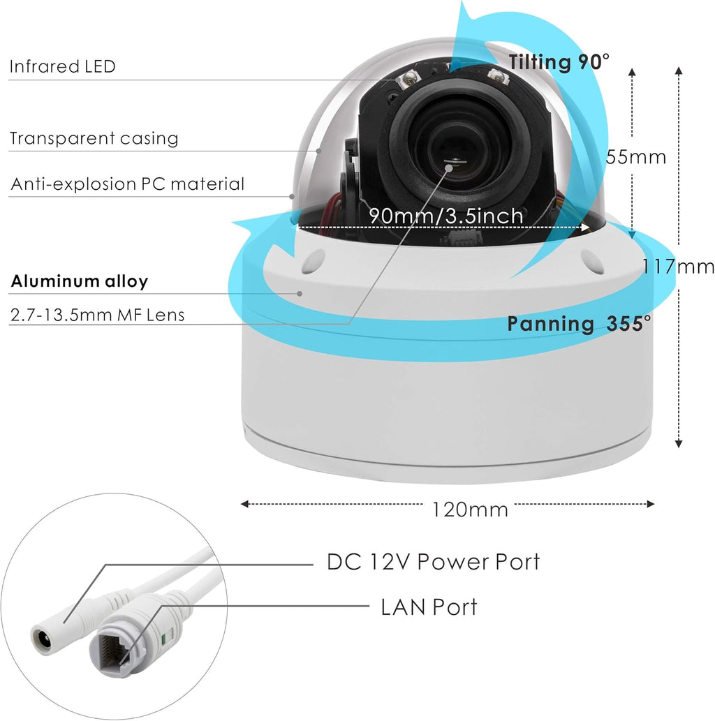 H.265 HD 1080P Security POE PTZ Dome Camera with 2.7-13.5mm Motorized Lens 5X Zoom E5773