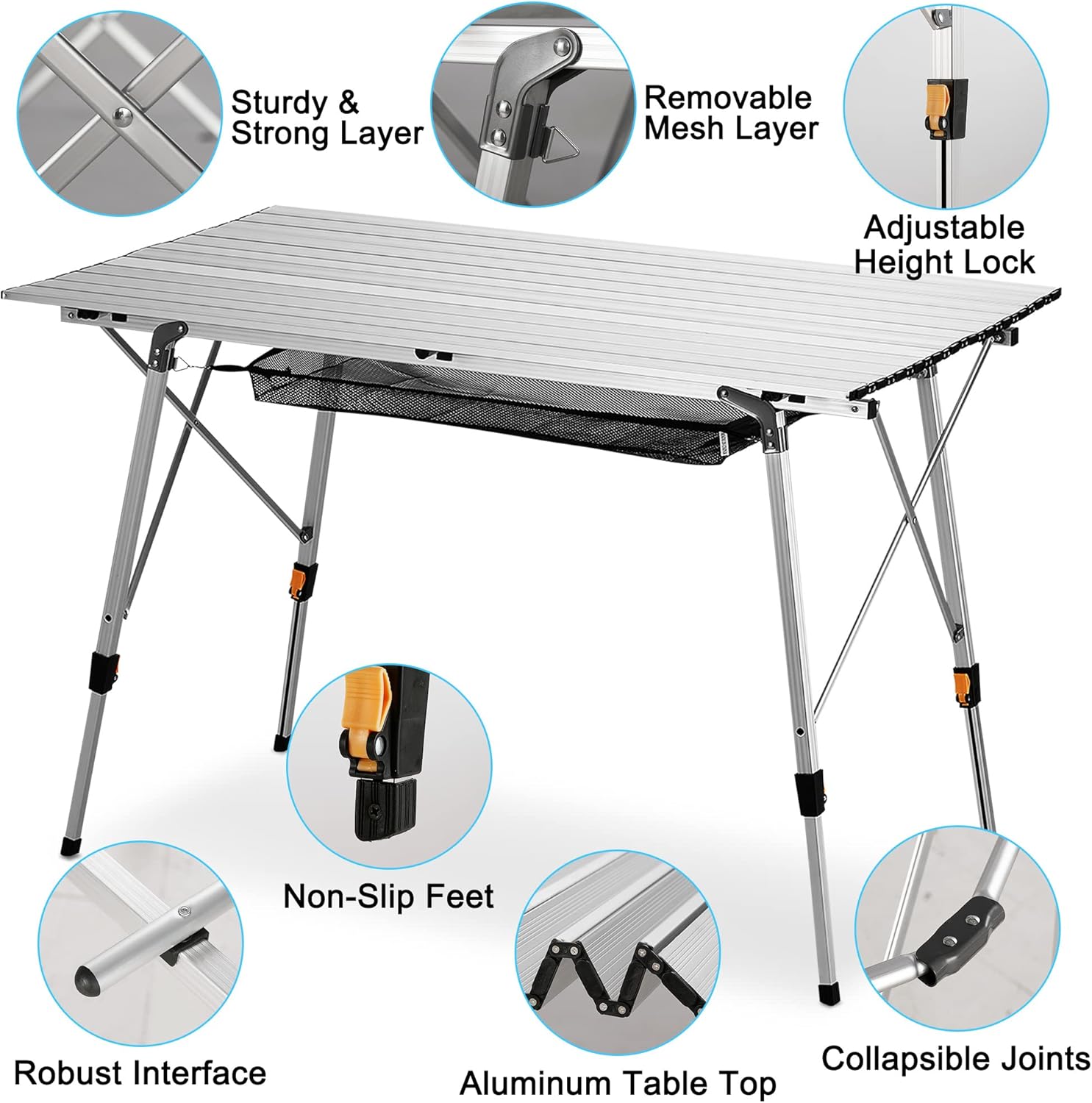 Folding Camping Table with Aluminum Legs Adjustable Height Roll Up Table with Mesh Layer U126