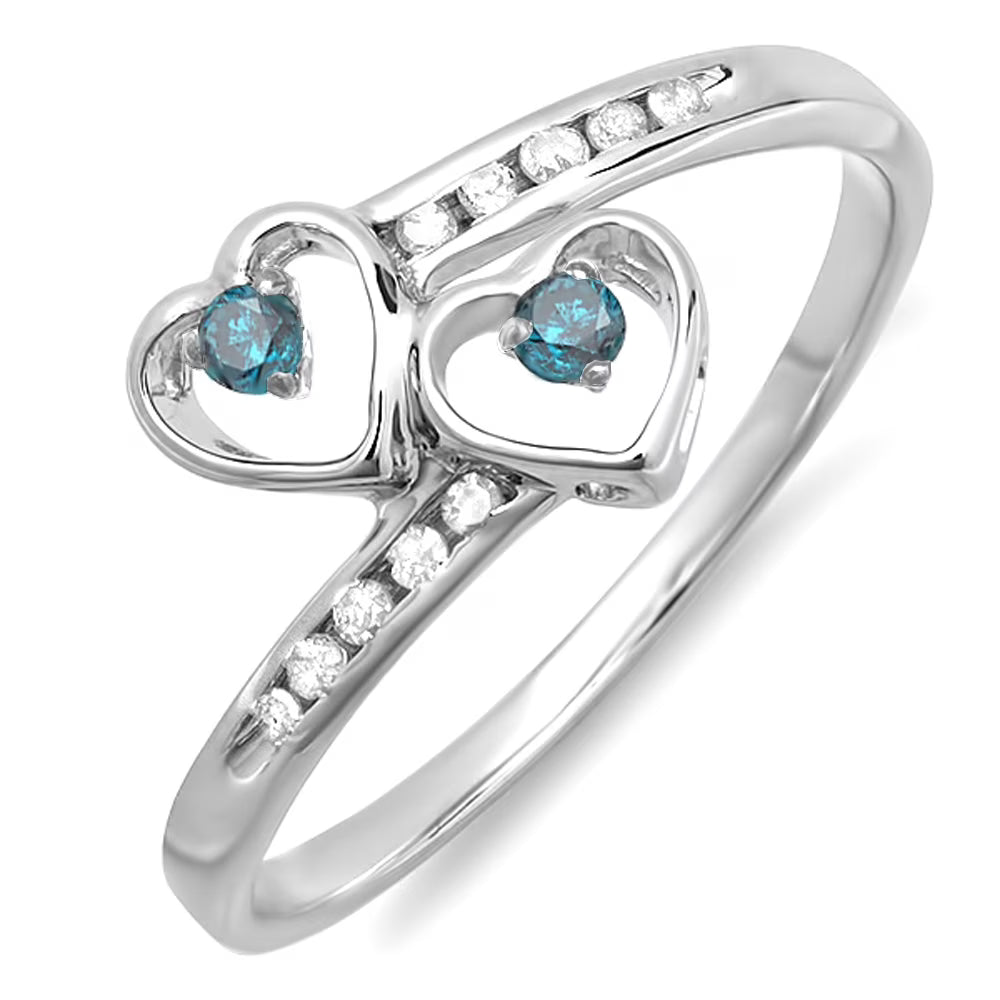 0.15 Carat Sterling Silver Round Blue & White Diamond Double Heart Ring F91490