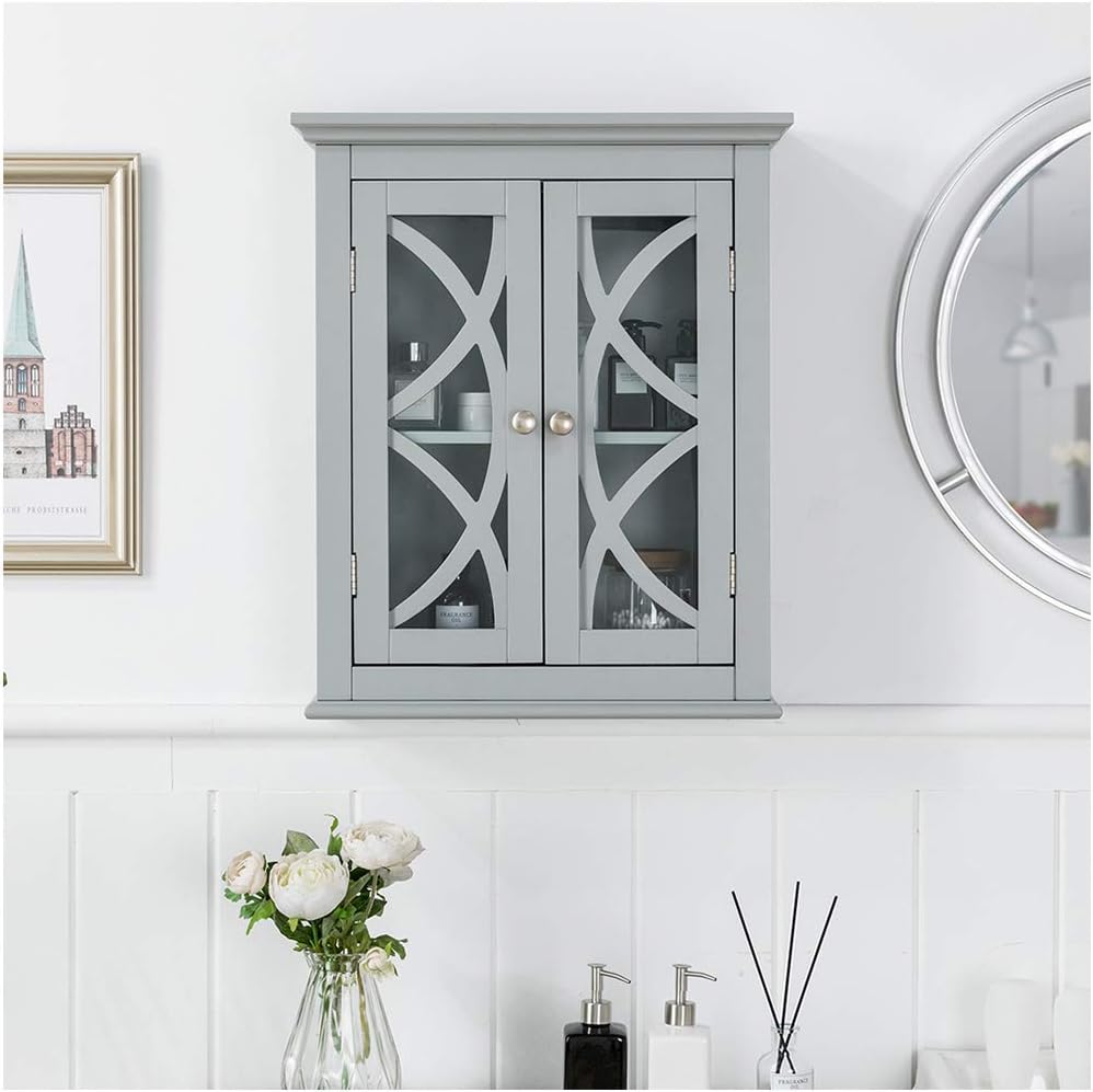 Grey Wooden Wall Storage Cabinet with Double Doors, Pack of 2 O238