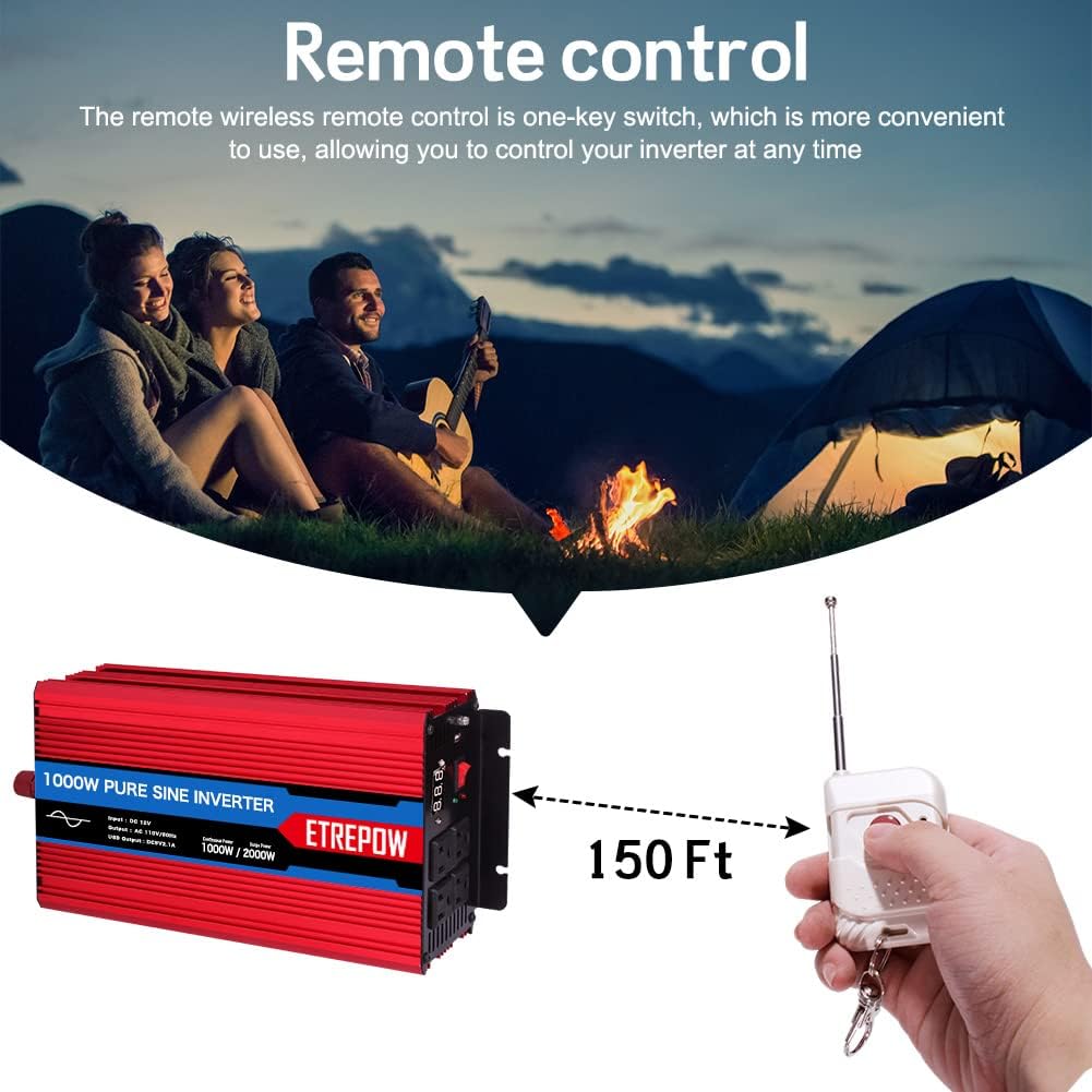 1000 Watt Pure Sine Wave Power Inverter 12V DC to 110V AC Wireless Remote Control R138