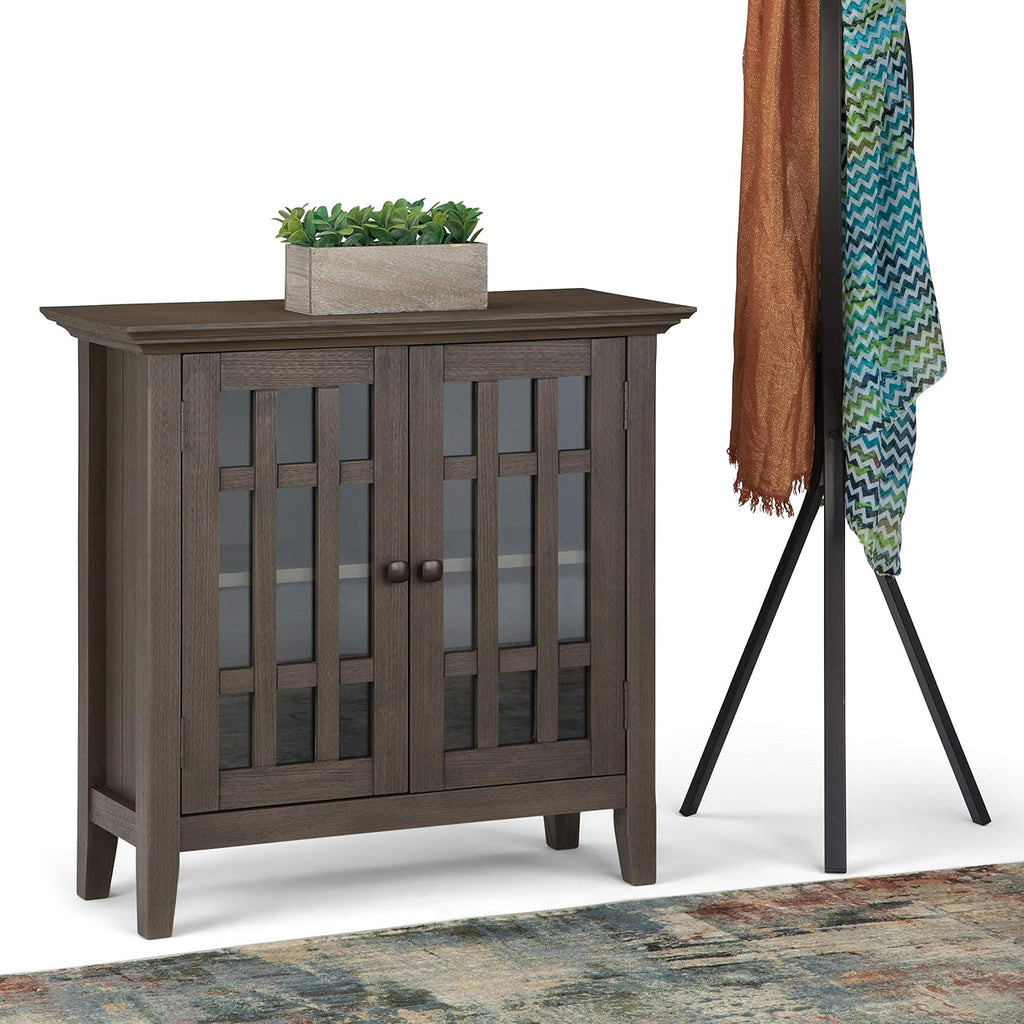 Solid Wood 32 inch Wide Low Storage Media Cabinet in Natural Aged Brown with 2 Tempered Glass Doors and 2 Adjustable Shelves F502675