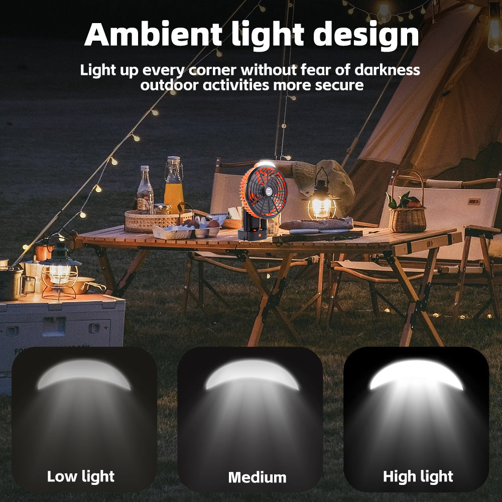 Camping Fan with LED Lantern, 270° Portable Rechargeable 8-Inch Desk Fan F9190