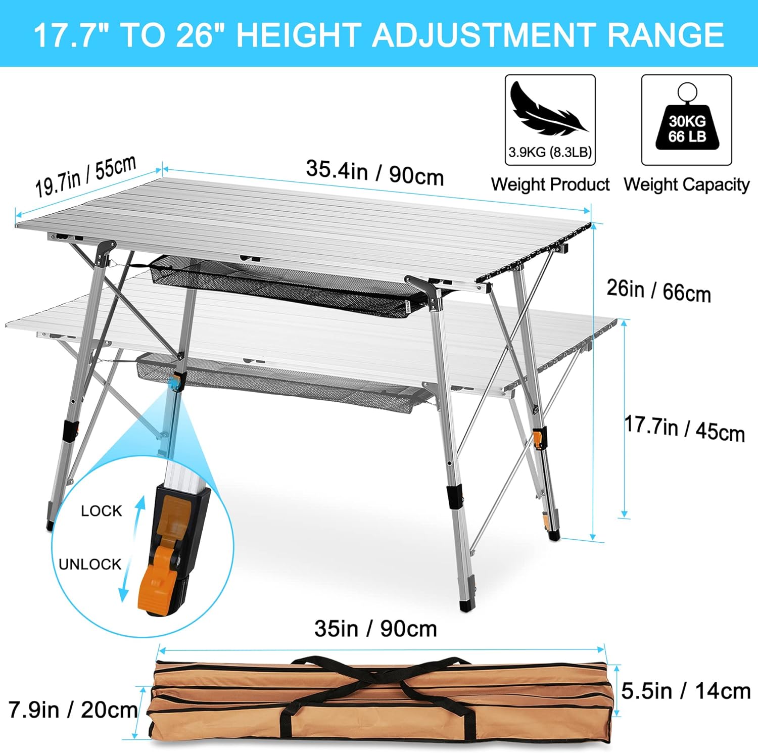 Folding Camping Table with Aluminum Legs Adjustable Height Roll Up Table with Mesh Layer U126