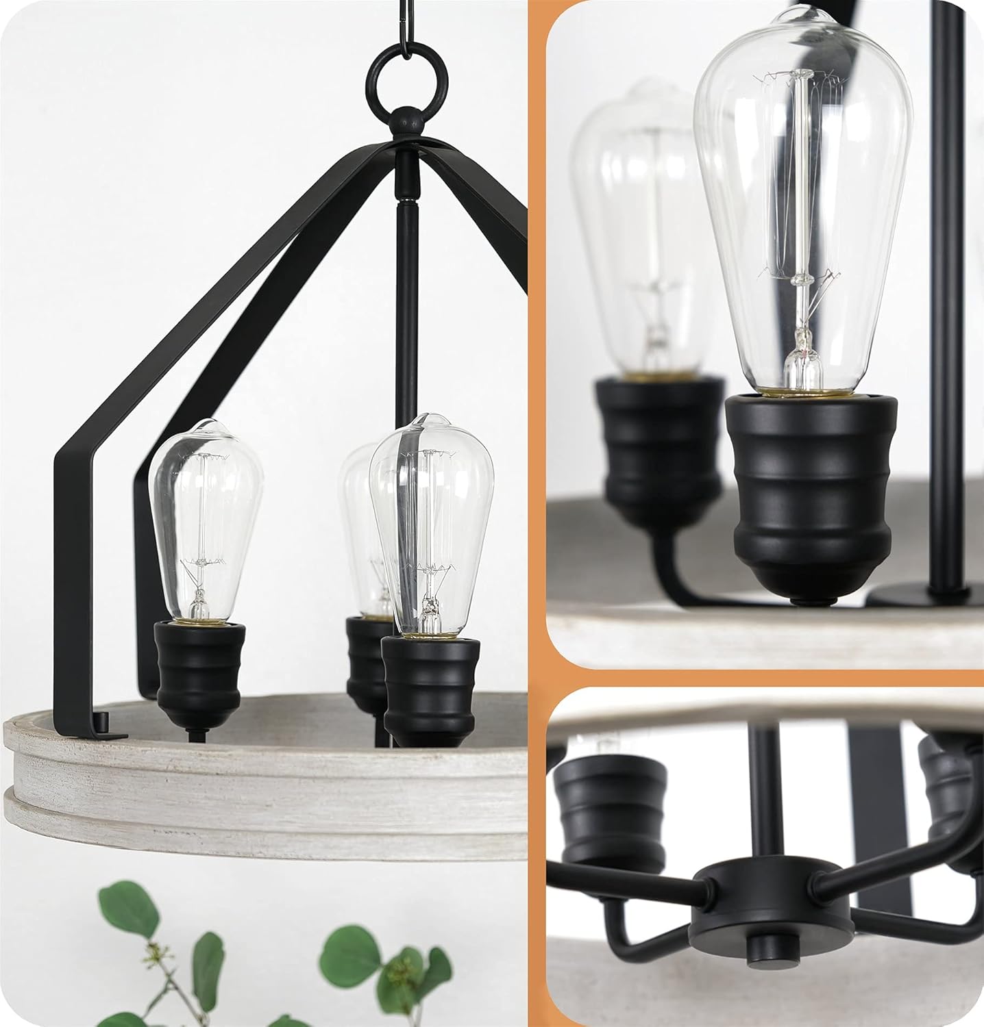 White Birch Wood Style Black Finish 4-Light Farmhouse Pendant Light T8478