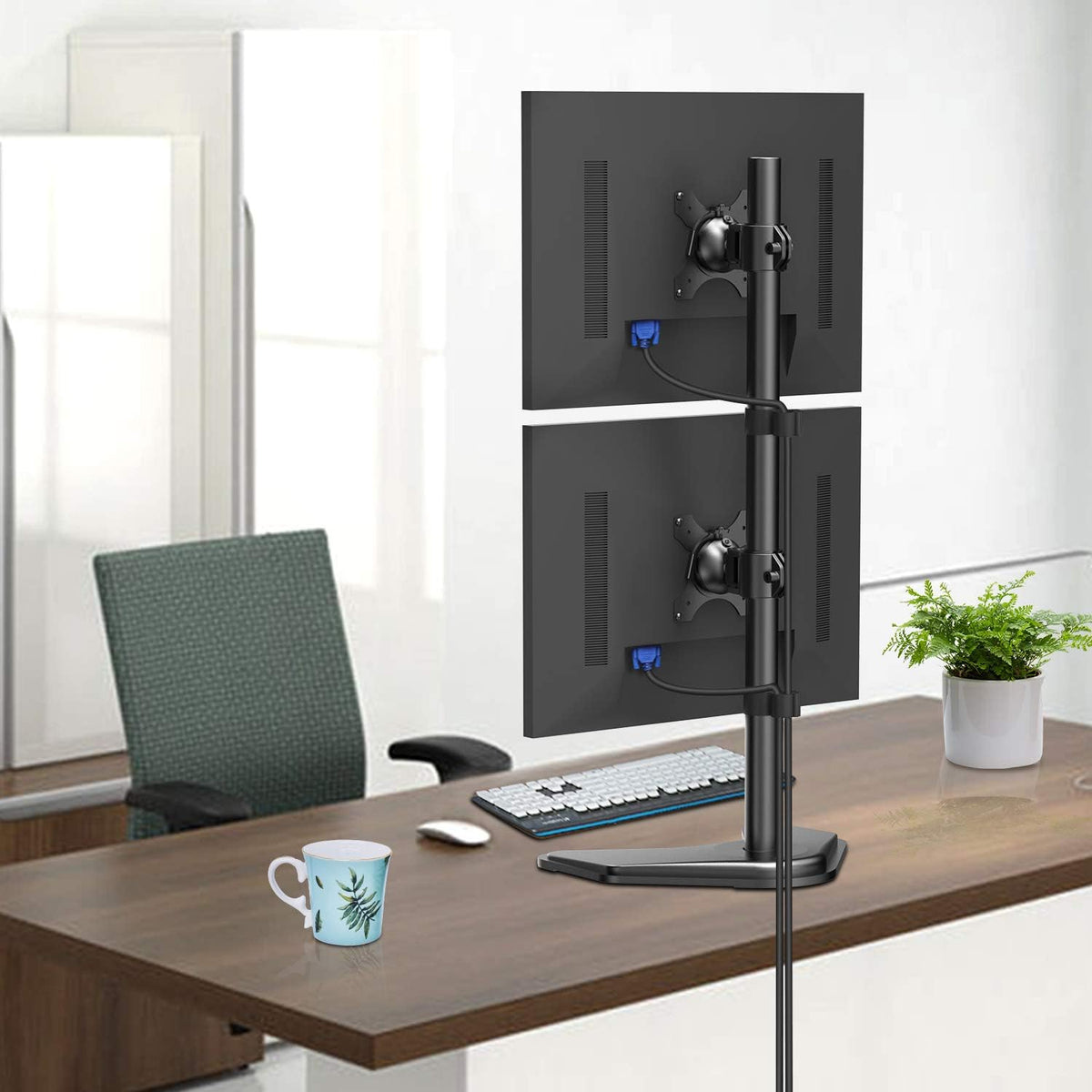 Dual Monitor Stand Vertical Stack Free-Standing Desk Mount for Two 13 to 32 Inch Computer Monitors with C Clamp Grommet Base N625099