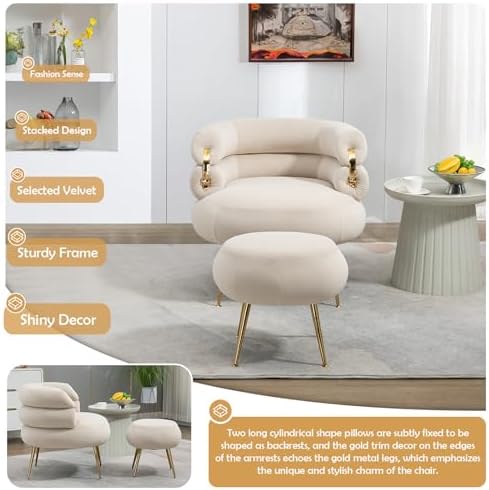 Beige Velvet Accent Chair with Ottoman M100859