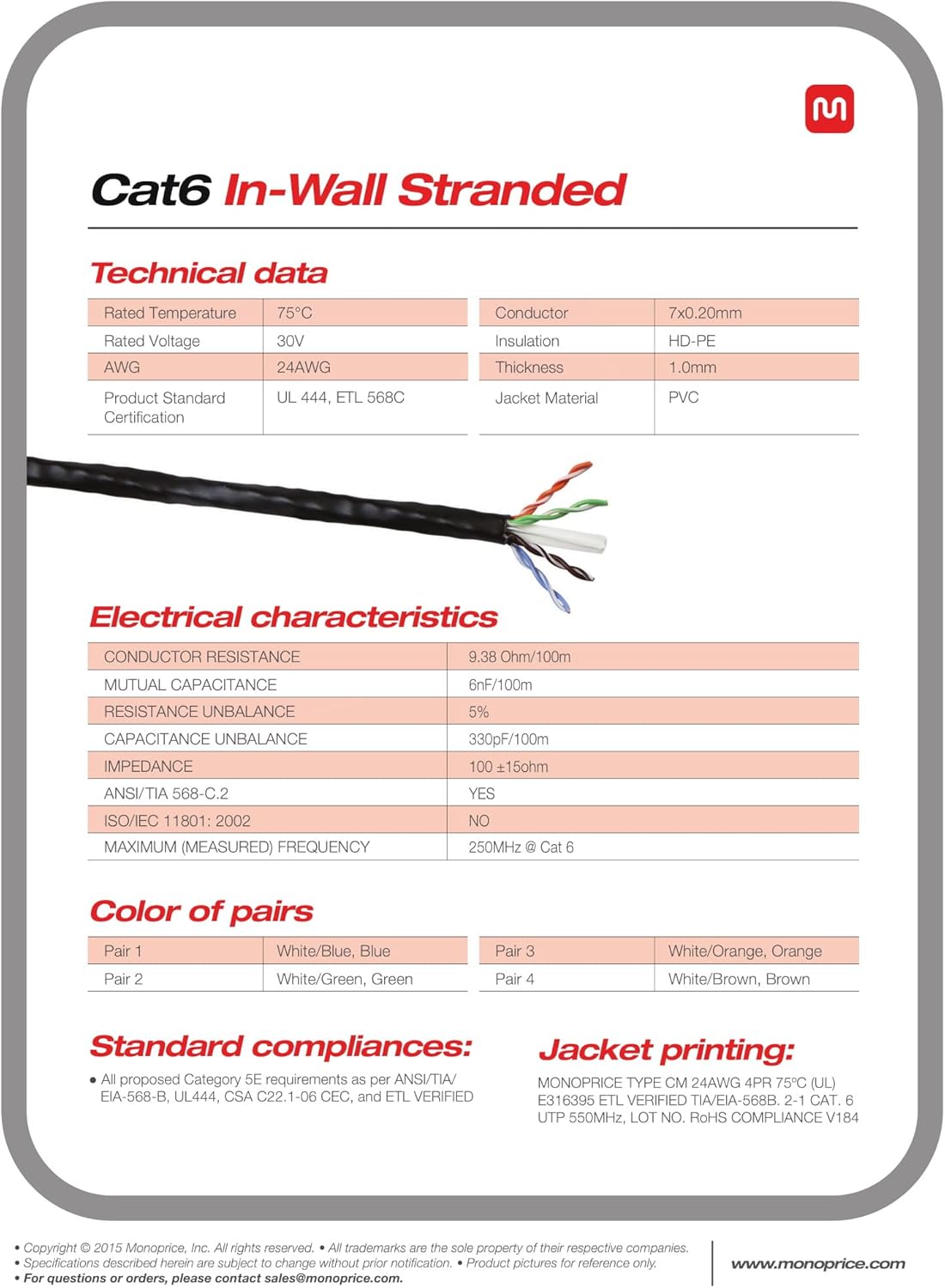 Cat6 Ethernet Bulk Cable - 250 Feet - Blue - Stranded, 550Mhz, UTP, CM, Pure Bare Copper Wire, 24AWG Q877