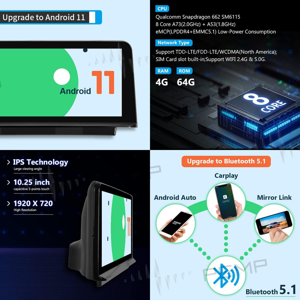 Blue Anti-Glare Vertical Screen for BMW X5 X6 E70 E71 CCC Android 11 CarPlay, Snapdragon 662 8-core 4+64GB 10.25” HD Screen B788