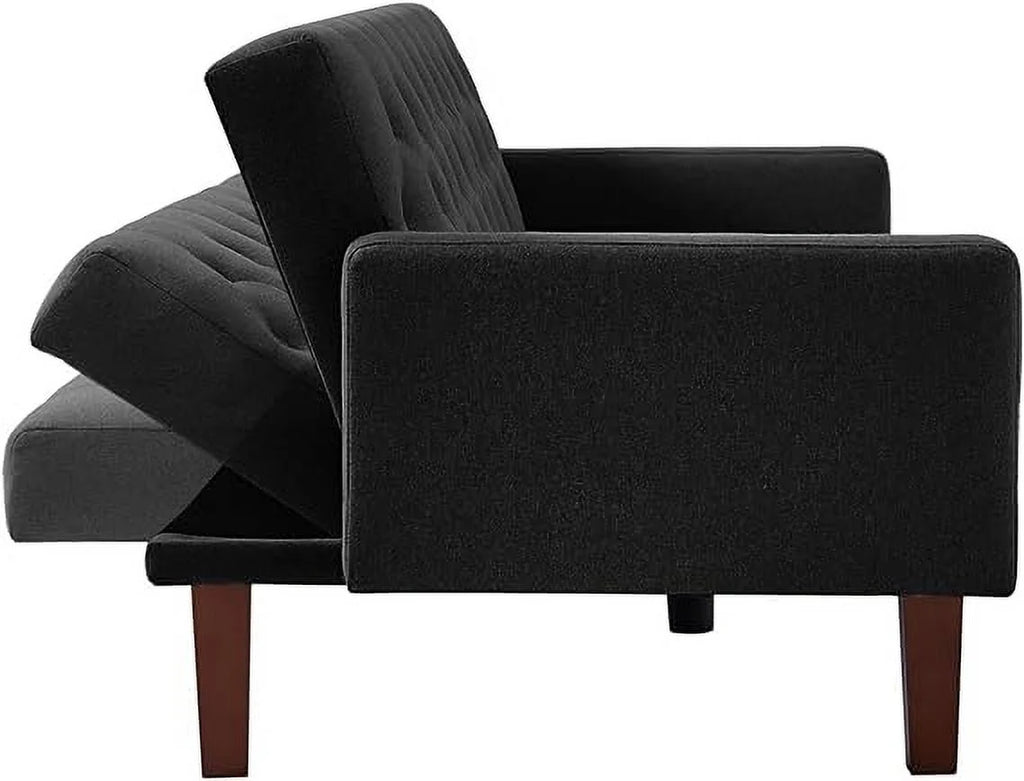 Convertible Foldable Linen Sofa Bed with 5 Wooden Legs, Black P696