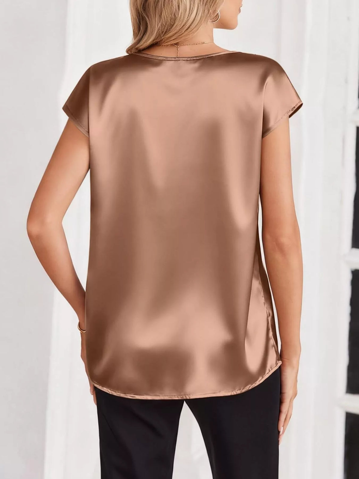 Satin V-Neck Cap Sleeve Blouse