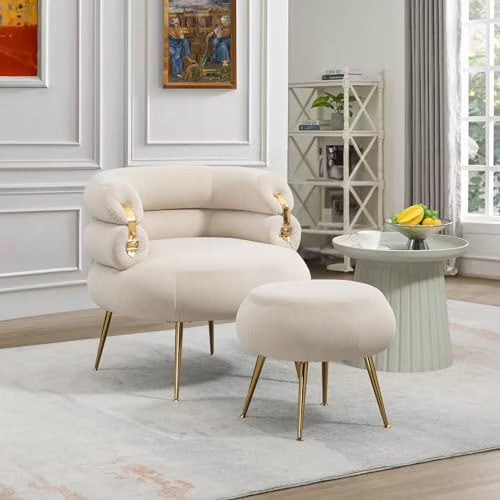 Beige Velvet Accent Chair with Ottoman M100859
